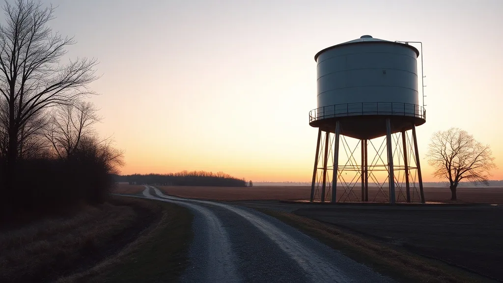An elevated steel water tower standing on braced legs over flat winter farmland at dusk, a gravel track running past its base.
