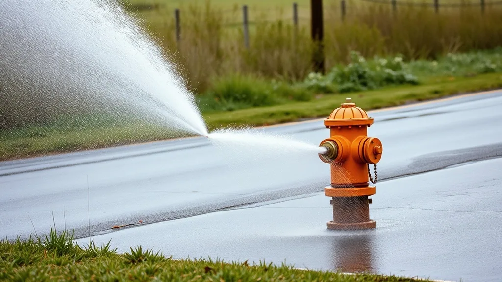 A hydrant throwing a heavy jet of water across a wet rural road, grass verge and a wire fence behind it under flat grey light.