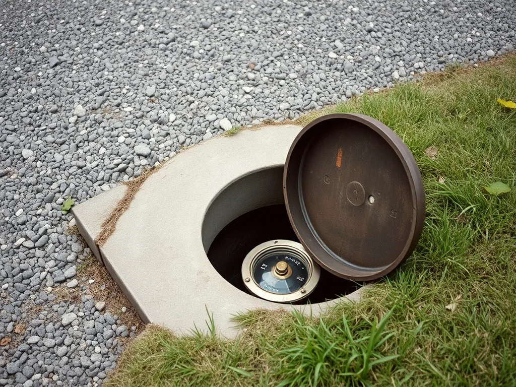 A round concrete meter pit at the edge of a gravel drive with its cast lid lifted off and laid on the grass, the meter dial visible down in the hole.