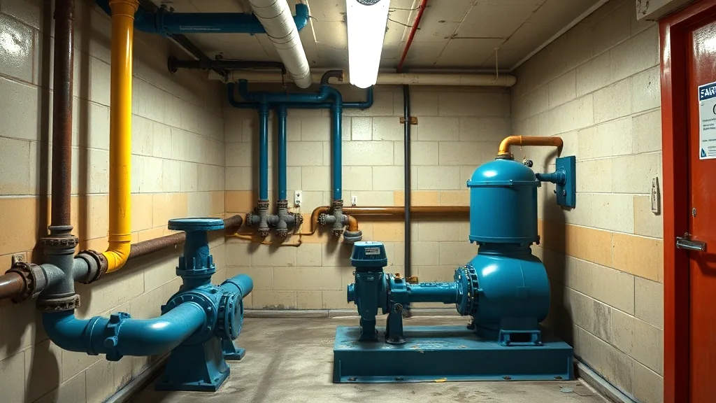 A small treatment plant room, painted blue pumps and large valves bolted to a concrete plinth with pipework running along the block walls.